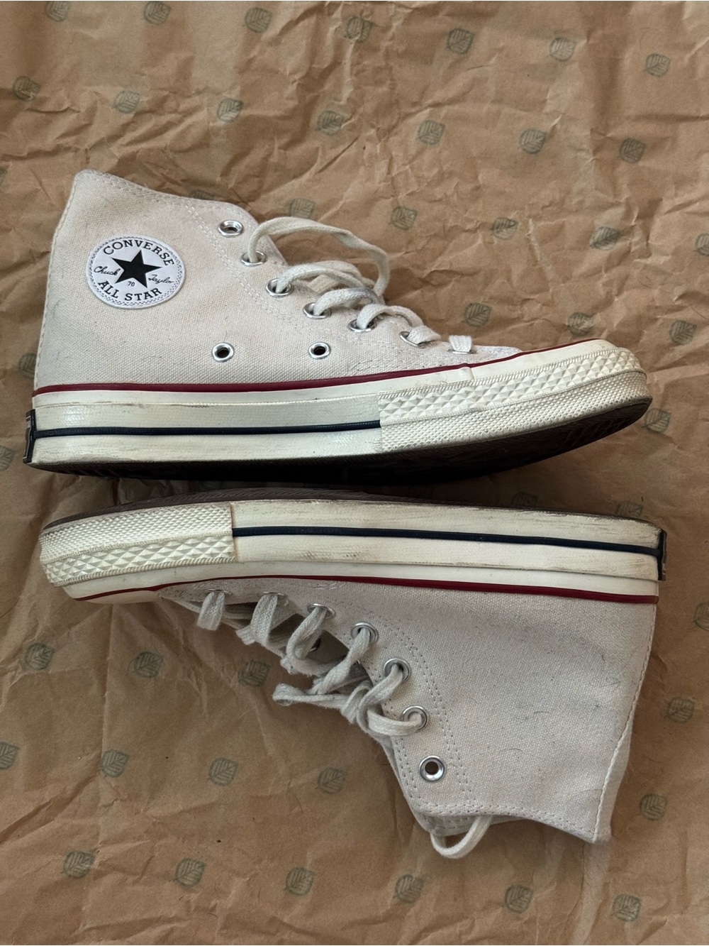 Converse Off-White High Top Canvas Sneakers with Red & Navy Trim